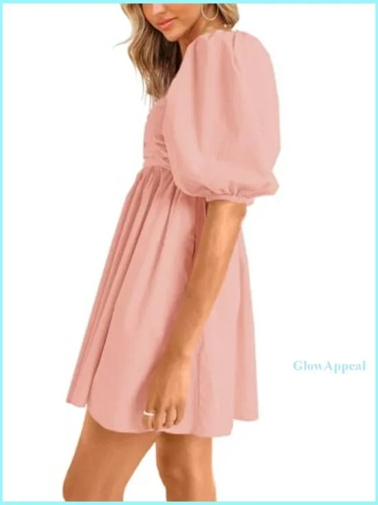 Square Neck Half Puff Sleeve High Waist A-Line Babydoll Mini Dress - Picture 2 of 7